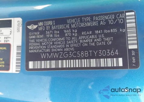 2011 Mini Cooper S Clubman from USA, damaged, VIN WMWZG3C58BTY30364